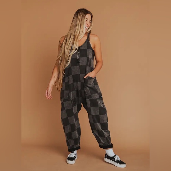 Rags Black Denim Check Women's Tank Romper in XL - Picture 1 of 6